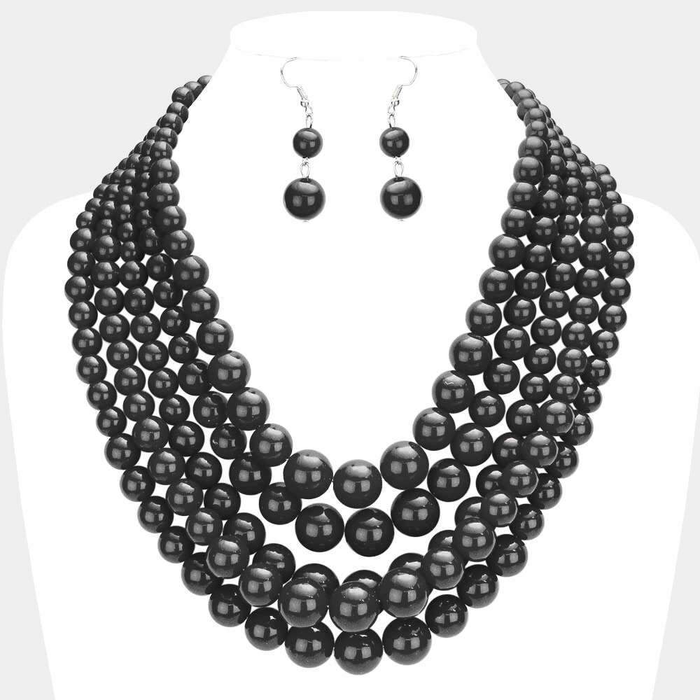 Black Elegant Luxe Multi Strand Pearl Statement Necklace
